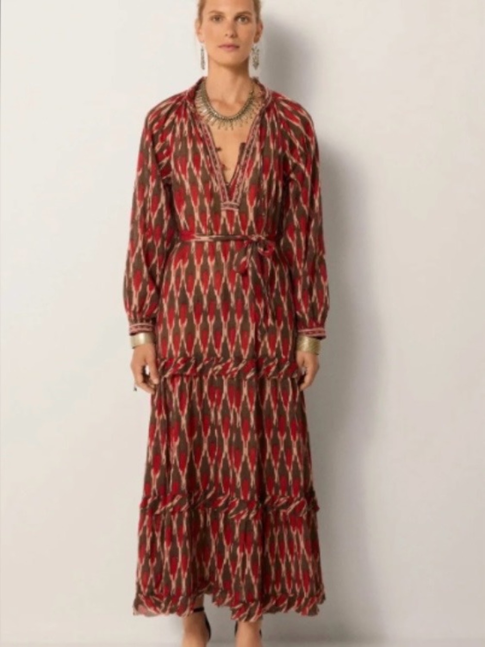 Maison Hotel Loulou Dress Bonfire Volcano Boho Ikat Maxi NWT Large L No Slip.